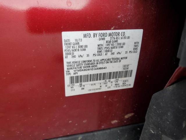 1FM5K8D81EGA98643 - 2014 FORD EXPLORER XLT Czerwony zdjęcie 13