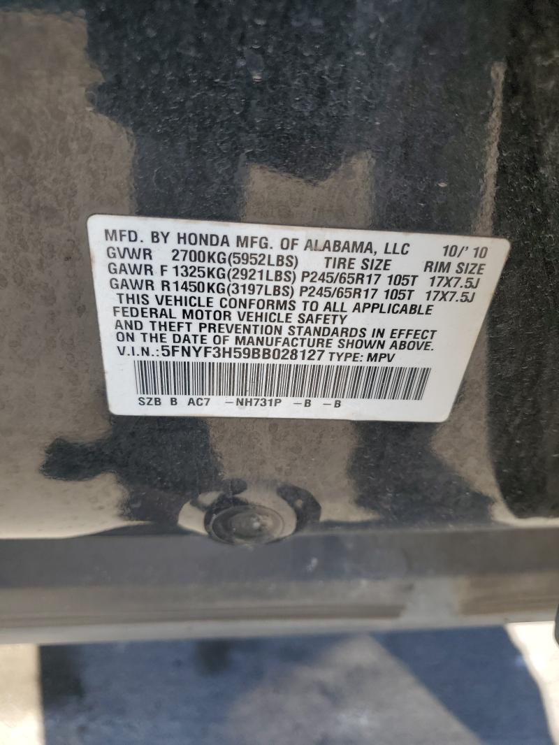 5FNYF3H59BB028127 - 2011 HONDA PILOT EXL BLACK photo 12