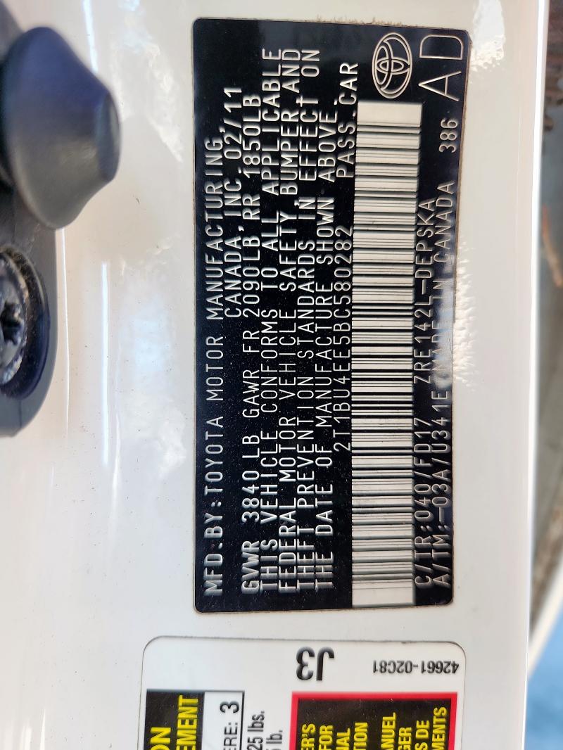 2T1BU4EE5BC580282 - 2011 TOYOTA COROLLA BASE თეთრი ფოტო 12