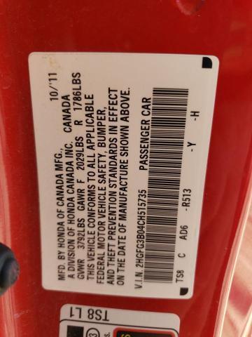 2HGFG3B04CH515735 - 2012 HONDA CIVIC EXL Kırmızı fotoğraf 12