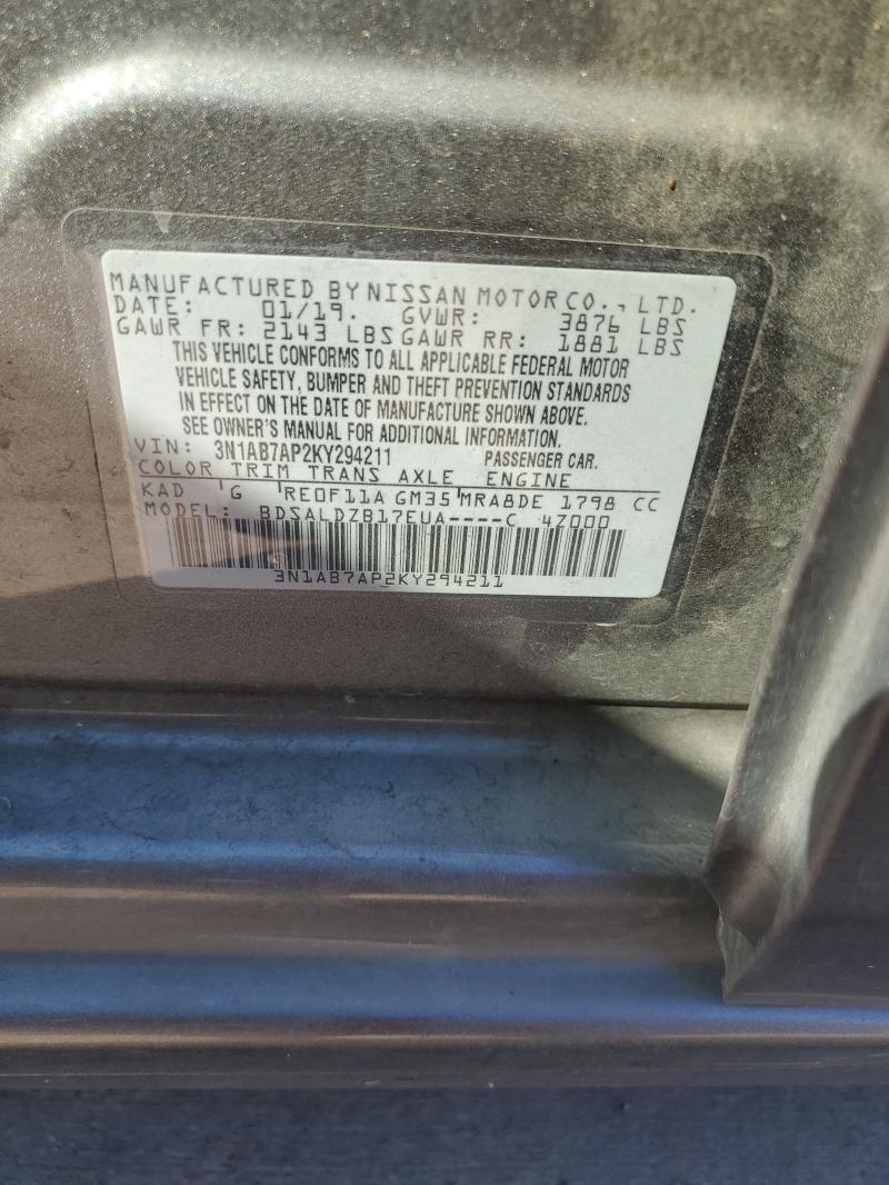 3N1AB7AP2KY294211 - 2019 NISSAN SENTRA S Մոխրագույն լուսանկար 12