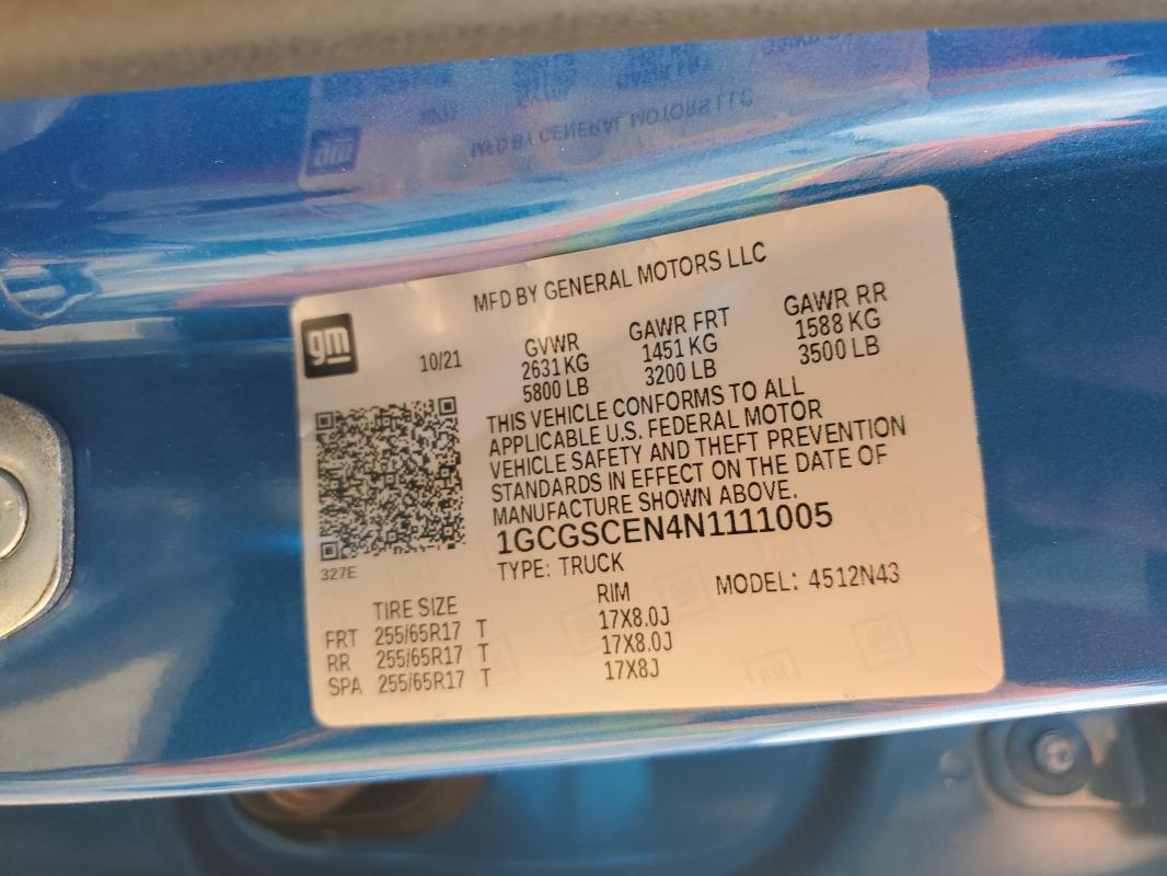 1GCGSCEN4N1111005 - 2022 CHEVROLET COLORADO LT BLUE photo 12