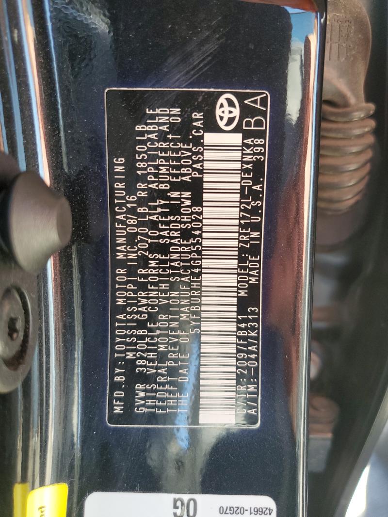 5YFBURHE4GP554028 - 2016 TOYOTA COROLLA L BLACK photo 12