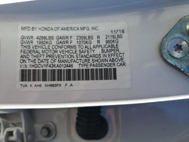 1HGCV1F43KA012446 - 2019 HONDA ACCORD EX თეთრი ფოტო 12