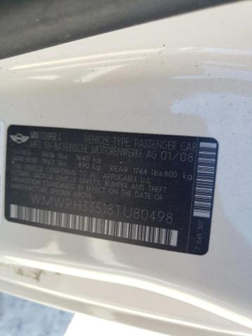 WMWRH33518TU80498 - 2008 MINI COOPER S WHITE photo 12