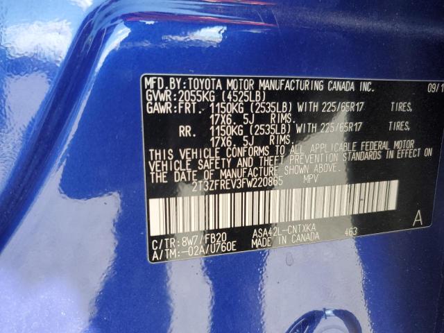 2T3ZFREV3FW220865 - 2015 TOYOTA RAV4 LE BLUE photo 12