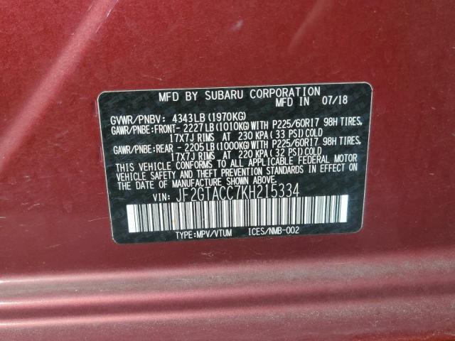 JF2GTACC7KH215334 - 2019 SUBARU CROSSTREK PREMIUM ბურგუნდია ფოტო 13