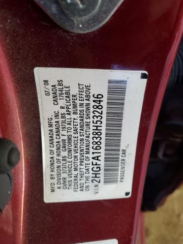 2HGFA16838H532846 - 2008 HONDA CIVIC EX MAROON photo 12