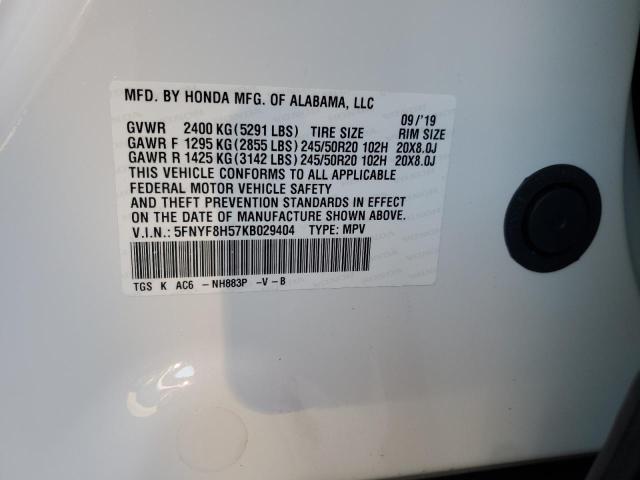 5FNYF8H57KB029404 - 2019 HONDA PASSPORT EXL WHITE photo 13