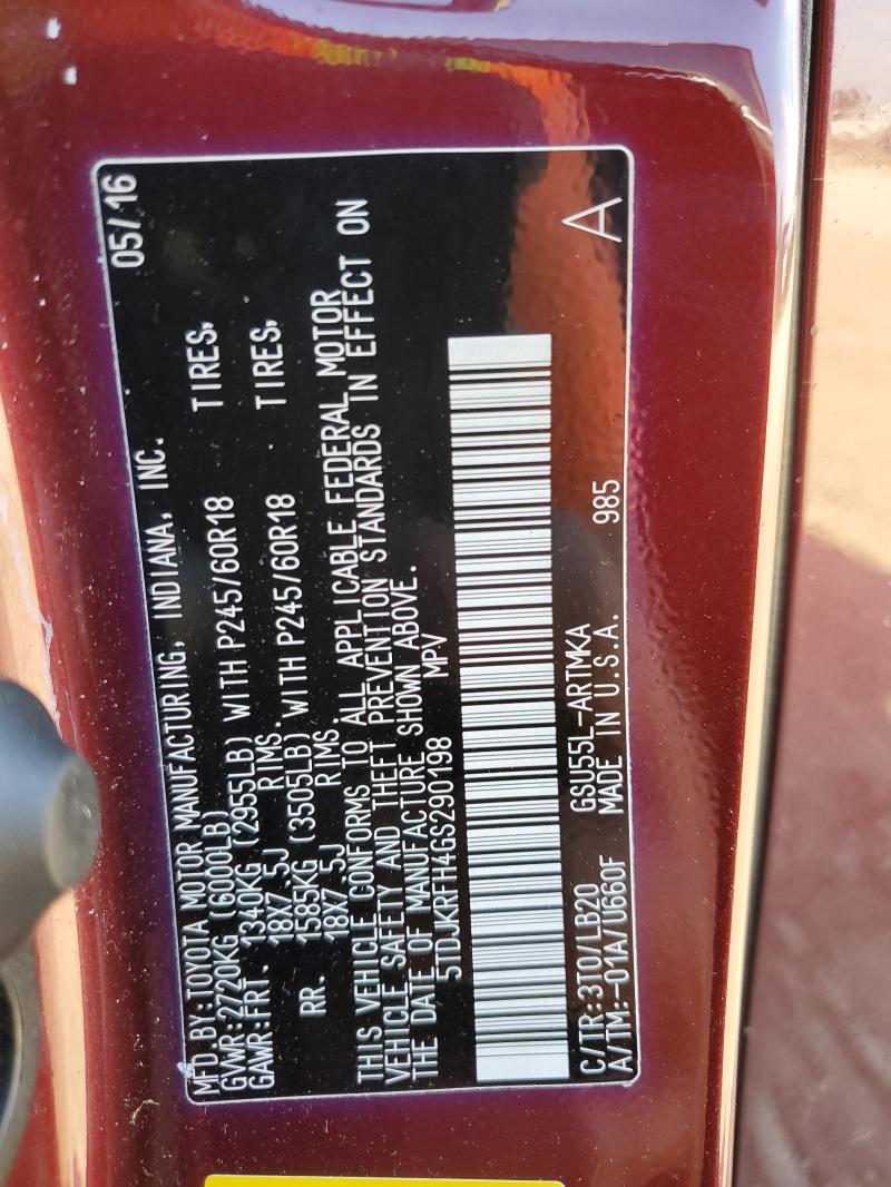 5TDJKRFH4GS290198 - 2016 TOYOTA HIGHLANDER XLE Burdeos foto 13