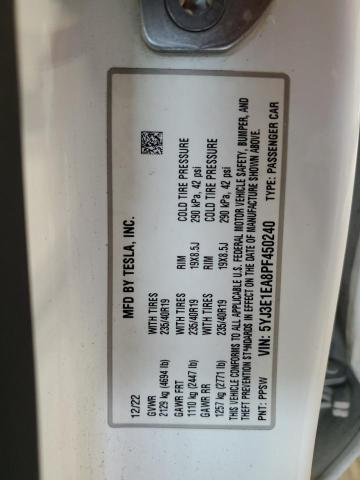 5YJ3E1EA8PF450240 - 2023 TESLA MODEL 3 თეთრი ფოტო 12