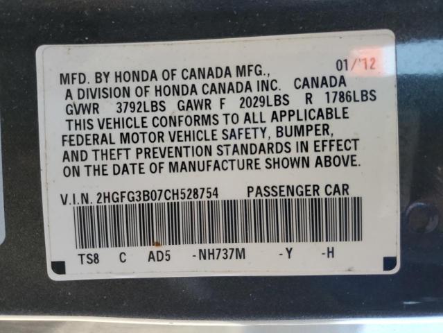 2HGFG3B07CH528754 - 2012 HONDA CIVIC EXL GRAY photo 12