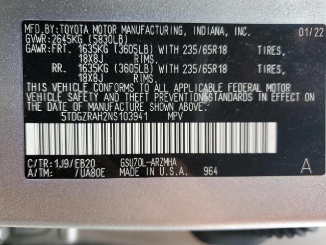 5TDGZRAH2NS103941 - 2022 TOYOTA HIGHLANDER XLE SILVER photo 13