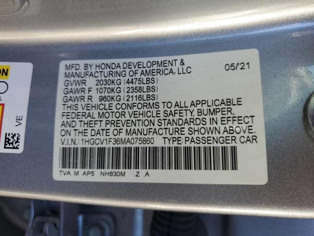 1HGCV1F36MA075860 - 2021 HONDA ACCORD SPORT SILVER photo 12