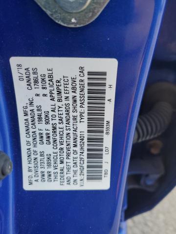 2HGFC2F74JH524011 - 2018 HONDA CIVIC EX Mavi fotoğraf 12