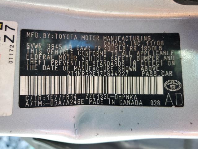 2T1KR32E17C644227 - 2007 TOYOTA COROLLA MA XR SILVER photo 12