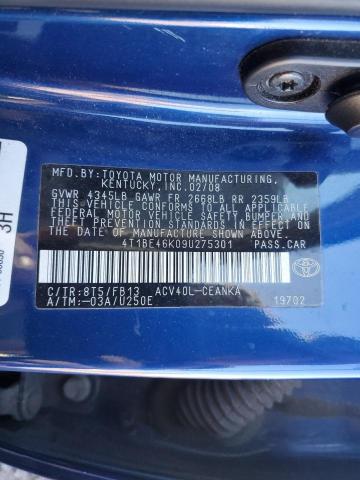 4T1BE46K09U275301 - 2009 TOYOTA CAMRY BASE BLUE photo 12