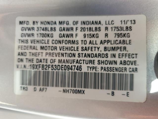 19XFB2F53DE094746 - 2013 HONDA CIVIC LX ვერცხლისფერი ფოტო 12