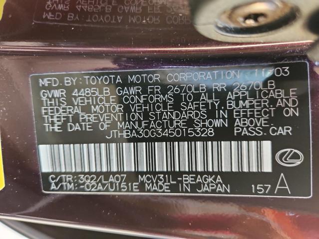 JTHBA30G345015328 - 2004 LEXUS ES 330 MAROON photo 13