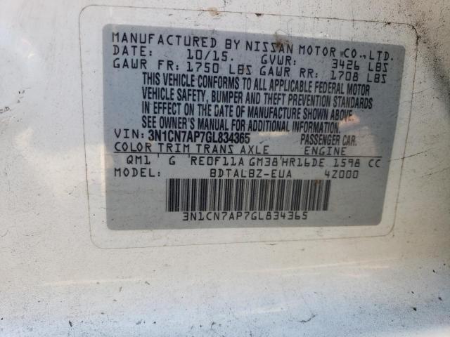 3N1CN7AP7GL834365 - 2016 NISSAN VERSA S WHITE photo 12