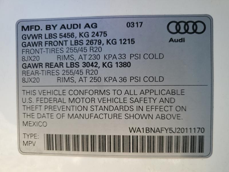 WA1BNAFY5J2011170 - 2018 AUDI Q5 PREMIUM PLUS 白色 照片 14