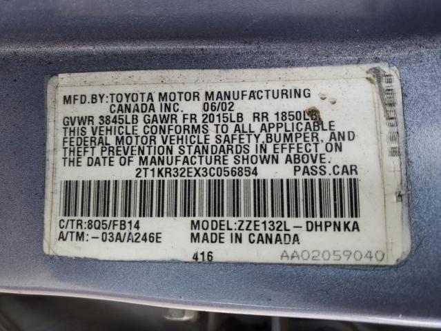 2T1KR32EX3C056854 - 2003 TOYOTA COROLLA MA XR BLUE photo 12