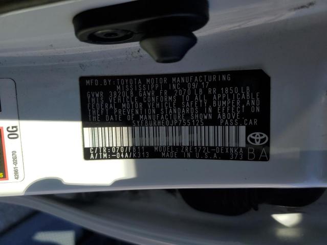 5YFBURHE0JP755125 - 2018 TOYOTA COROLLA L თეთრი ფოტო 13