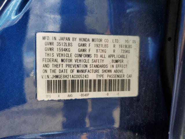 JHMGE8H21AC005243 - 2010 HONDA FIT ლურჯი ფოტო 12