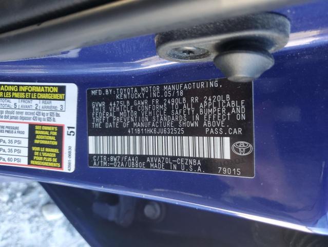 4T1B11HK6JU632525 - 2018 TOYOTA CAMRY L Көк фото 12