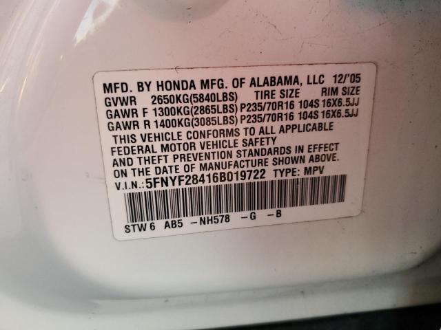 5FNYF28416B019722 - 2006 HONDA PILOT EX WHITE photo 13