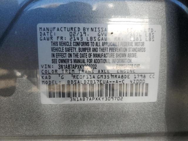 3N1AB7APXKY309702 - 2019 NISSAN SENTRA S ნაცრისფერი ფოტო 12