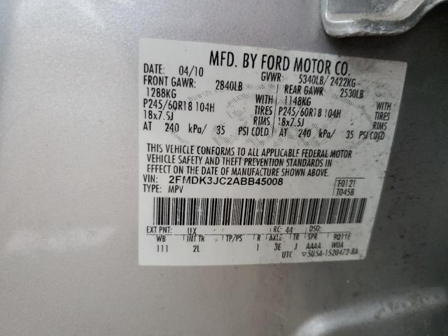 2FMDK3JC2ABB45008 - 2010 FORD EDGE SEL ვერცხლისფერი ფოტო 13