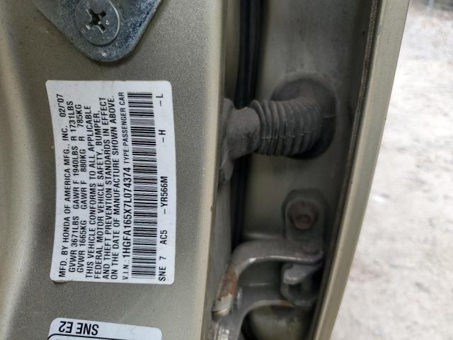 1HGFA165X7L074374 - 2007 HONDA CIVIC LX 金色 照片 12