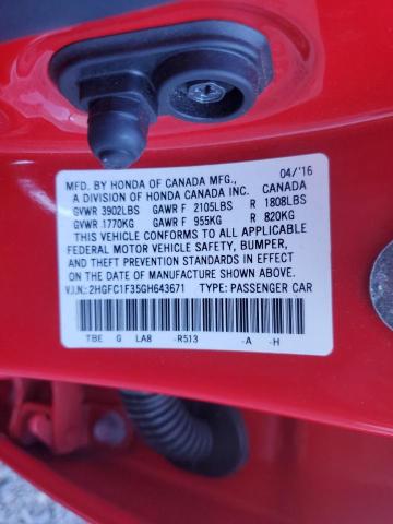 2HGFC1F35GH643671 - 2016 HONDA CIVIC EX RED photo 12