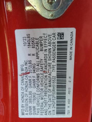 2HGFE2F50RH515522 - 2024 HONDA CIVIC SPORT 红色 照片 12