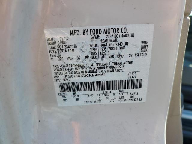 1FMCU9D72CKB92961 - 2012 FORD ESCAPE XLT WHITE photo 13