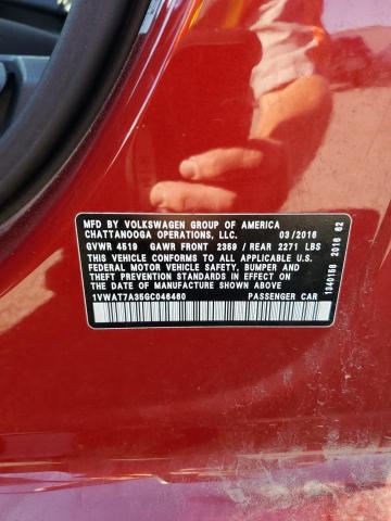 1VWAT7A35GC046460 - 2016 VOLKSWAGEN PASSAT S Tünd qırmızı foto 12