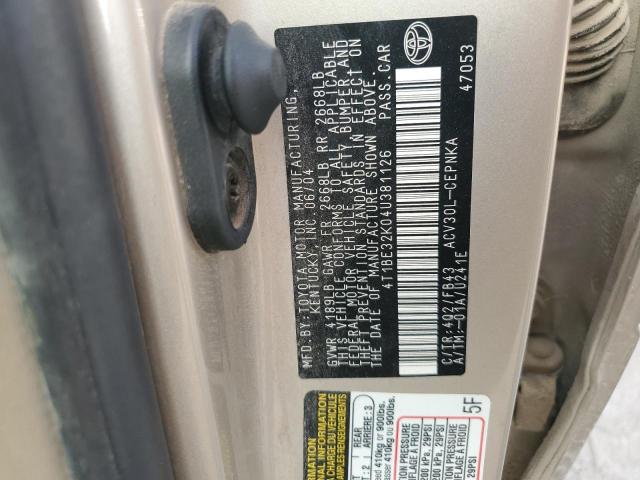 4T1BE32K04U381126 - 2004 TOYOTA CAMRY LE 米色 照片 12