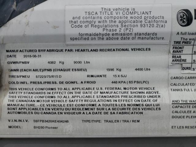 5SFPB3420KE404246 - 2019 HEARTLAND PIONEER თეთრი ფოტო 10