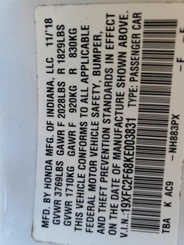 19XFC2F68KE003831 - 2019 HONDA CIVIC LX თეთრი ფოტო 12