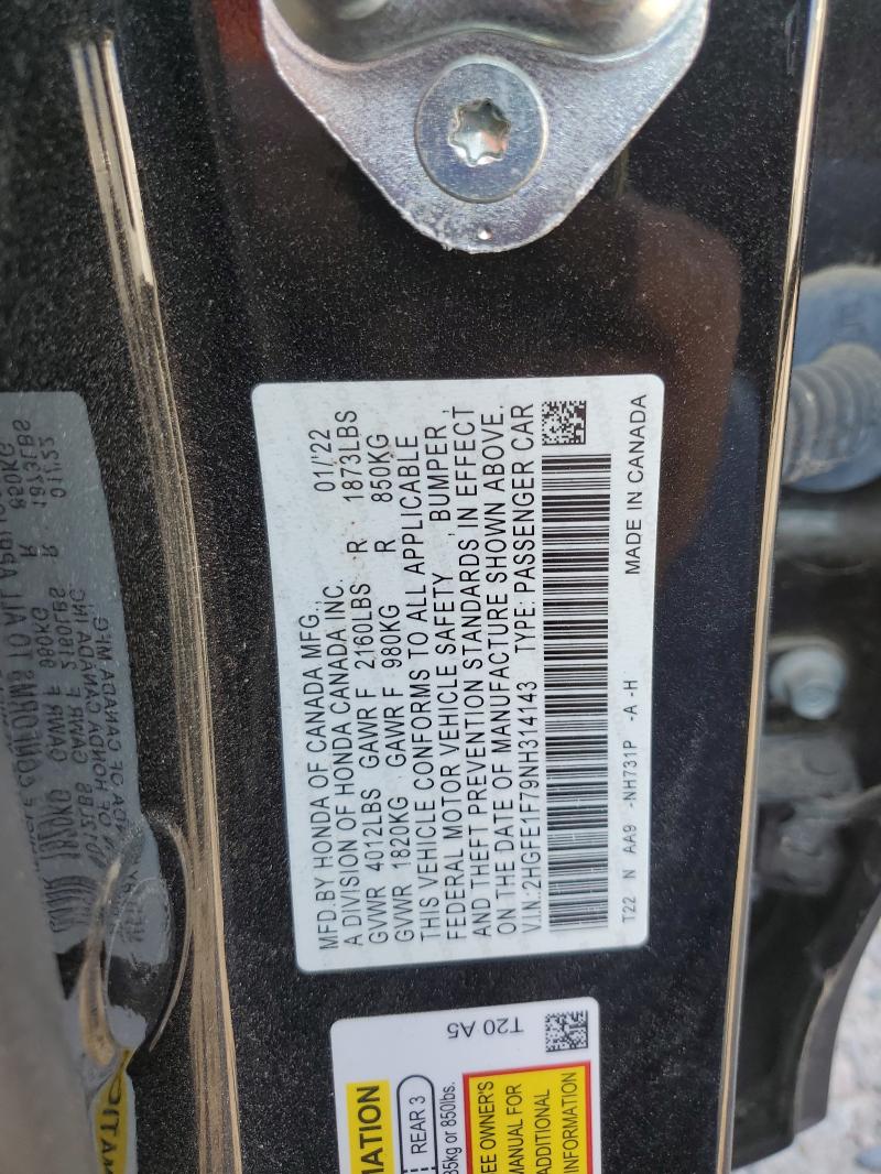 2HGFE1F79NH314143 - 2022 HONDA CIVIC EX BLACK photo 12