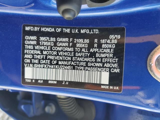 SHHFK7H41KU224451 - 2019 HONDA CIVIC SPORT 蓝色 照片 12