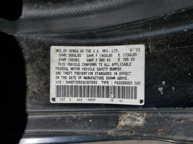SHHEP33502U307052 - 2002 HONDA CIVIC SI შავი ფოტო 12