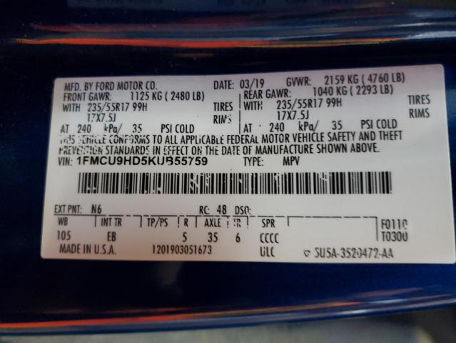 1FMCU9HD5KUB55759 - 2019 FORD ESCAPE SEL 蓝色 照片 13