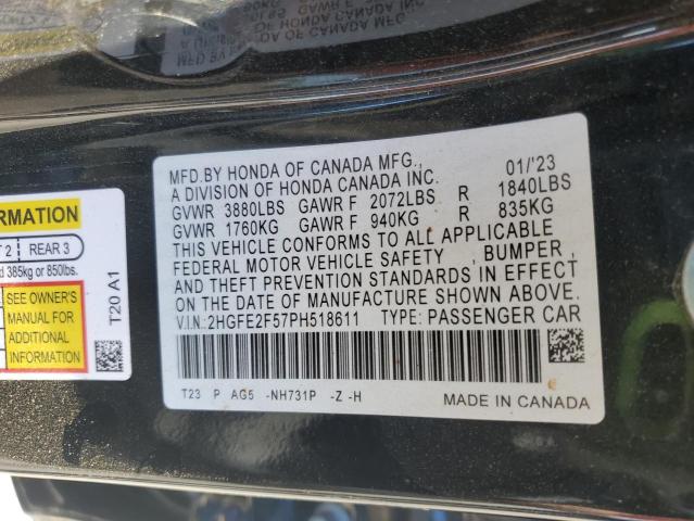 2HGFE2F57PH518611 - 2023 HONDA CIVIC SPORT BLACK photo 12