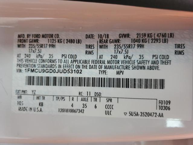 1FMCU9GD0JUD53102 - 2018 FORD ESCAPE SE თეთრი ფოტო 13