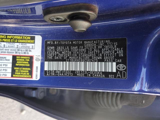 2T1BURHE6GC567475 - 2016 TOYOTA COROLLA L BLUE photo 12