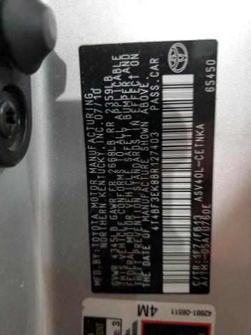 4T4BF3EK8BR127403 - 2011 TOYOTA CAMRY BASE 银色 照片 12