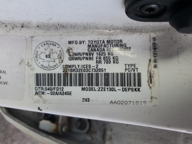 2T1BR32E03C732051 - 2003 TOYOTA COROLLA CE 白色 照片 12