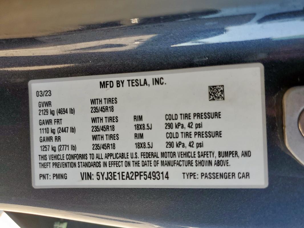 5YJ3E1EA2PF549314 - 2023 TESLA MODEL 3 Графитовый фото 12